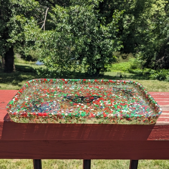 Christmas Butterfly Candy Tray Large Sparkly Red Green White Nerds Candy Resin - Picture 9 of 10